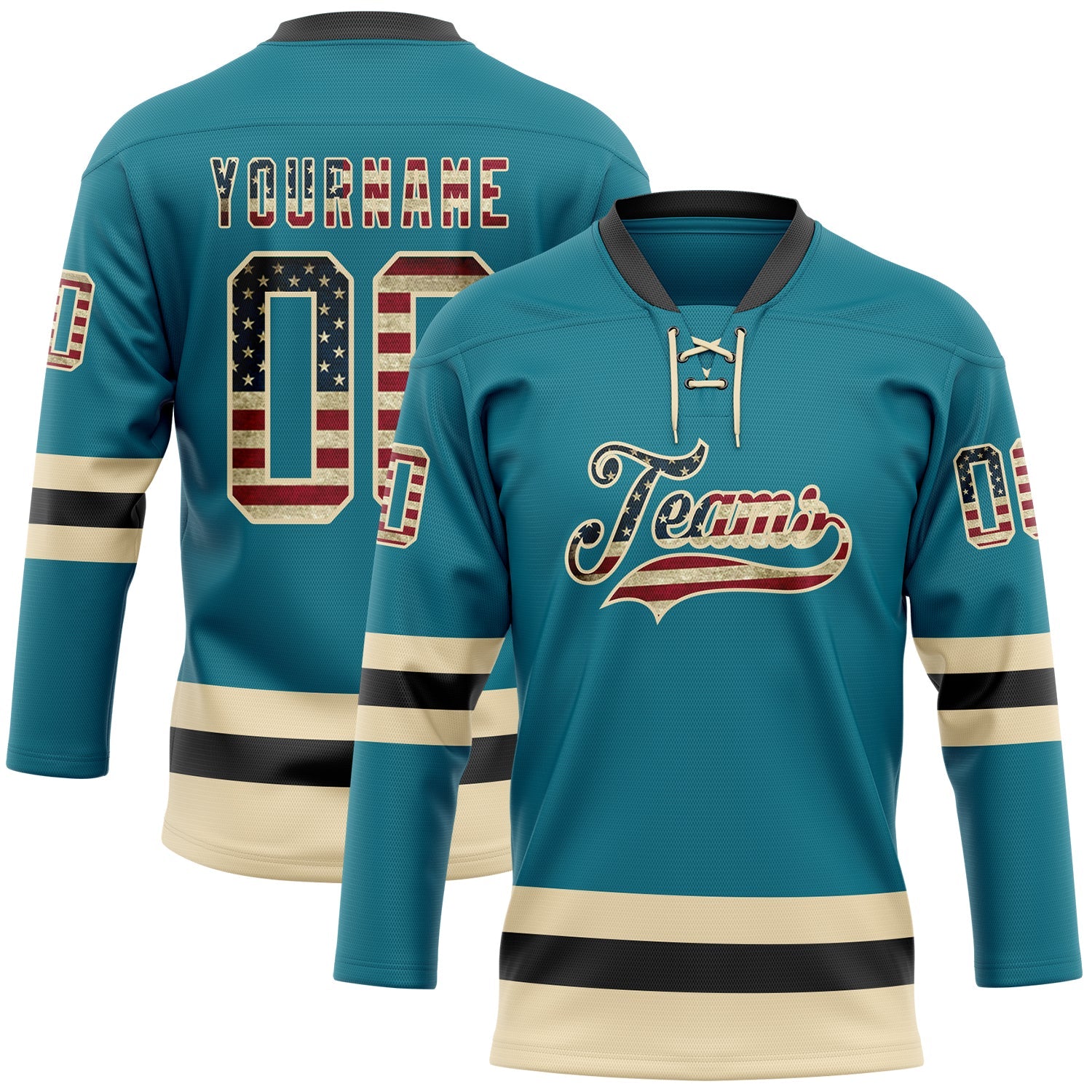 Custom Teal Vintage USA Flag Cream-Black Hockey Lace Neck Jersey - Sky-Custom