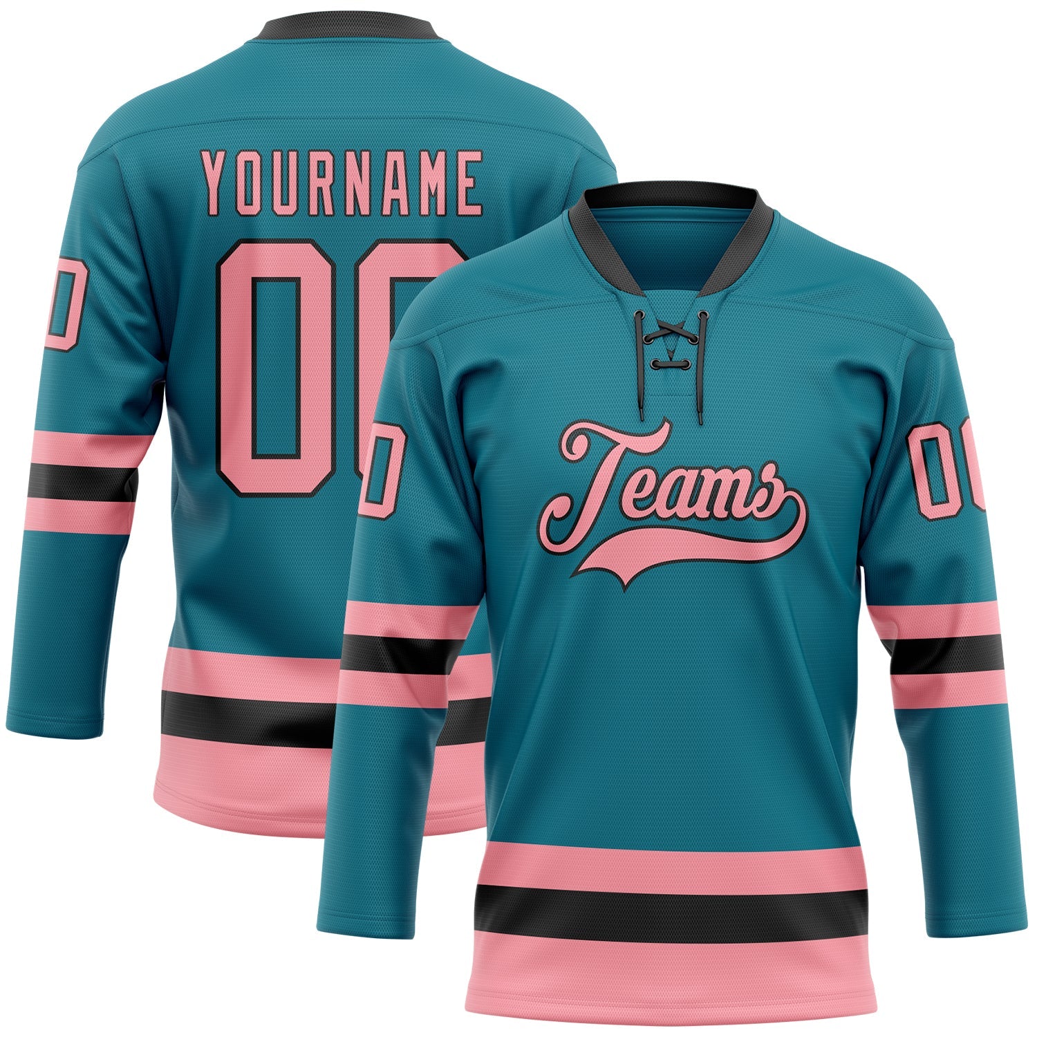 Custom Teal Medium Pink-Black Hockey Lace Neck Jersey - Sky-Custom