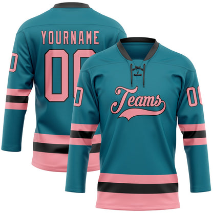 Custom Teal Medium Pink-Black Hockey Lace Neck Jersey - Sky-Custom
