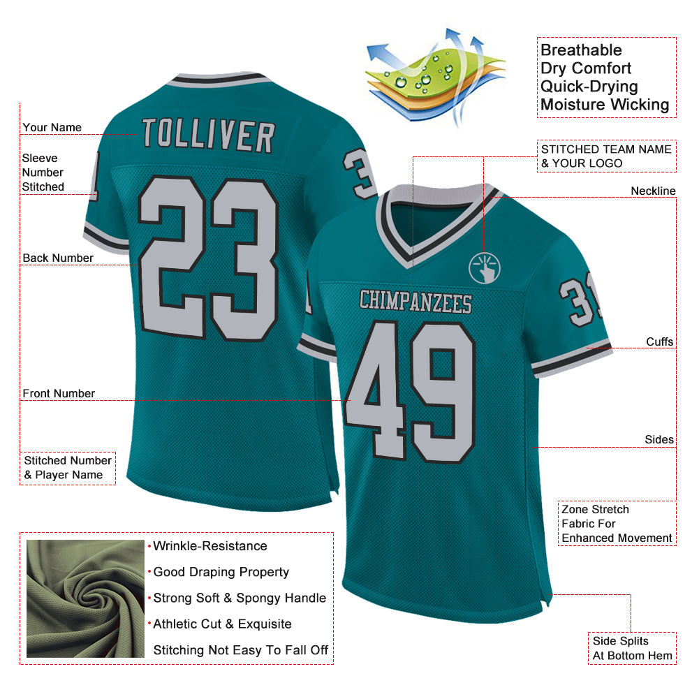 Custom Teal Gray-Black Mesh Authentic Throwback Football Jersey - Sky-Custom