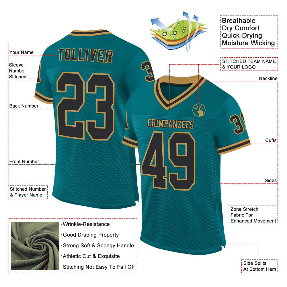 Custom Teal Black-Old Gold Mesh Authentic Throwback Football Jersey - Sky-Custom