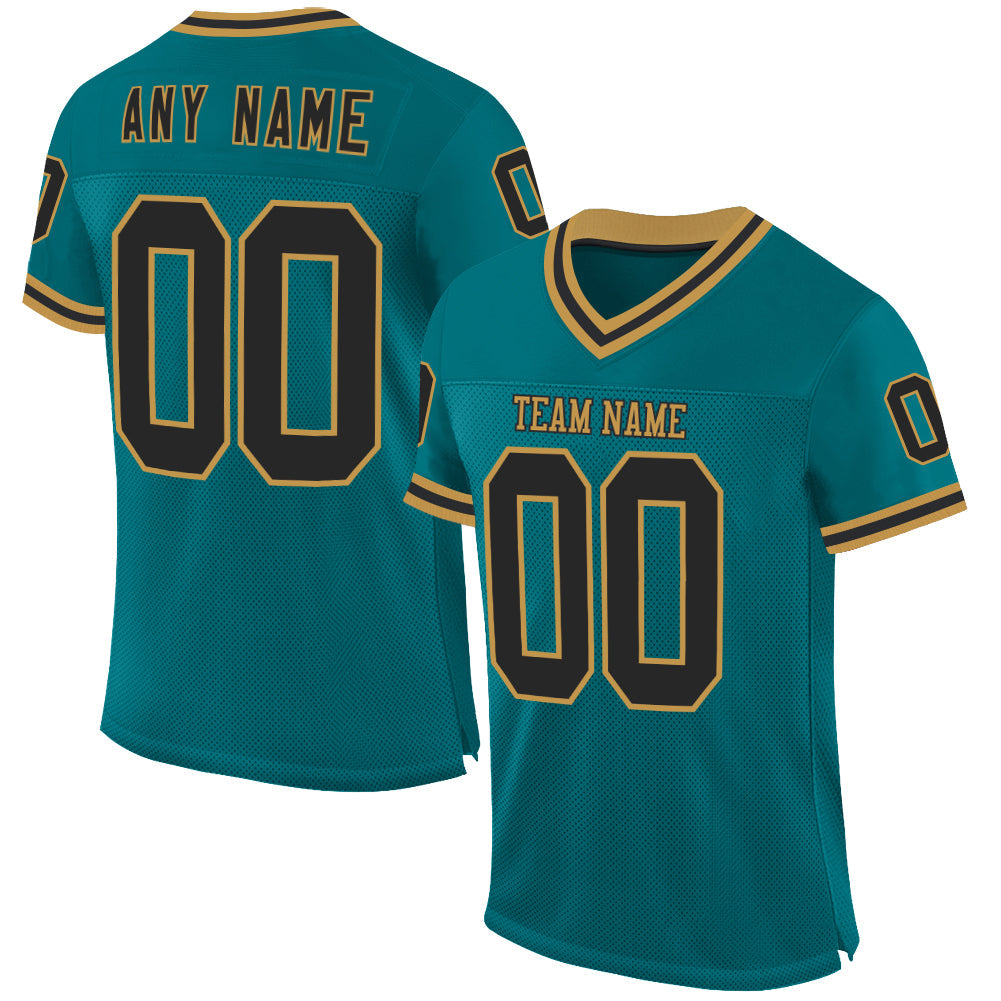 Custom Teal Black-Old Gold Mesh Authentic Throwback Football Jersey - Sky-Custom