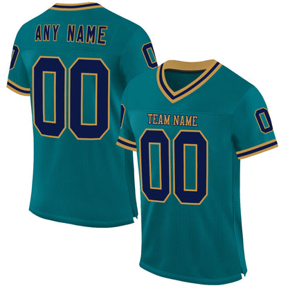 Custom Teal Navy-Old Gold Mesh Authentic Throwback Football Jersey - Sky-Custom