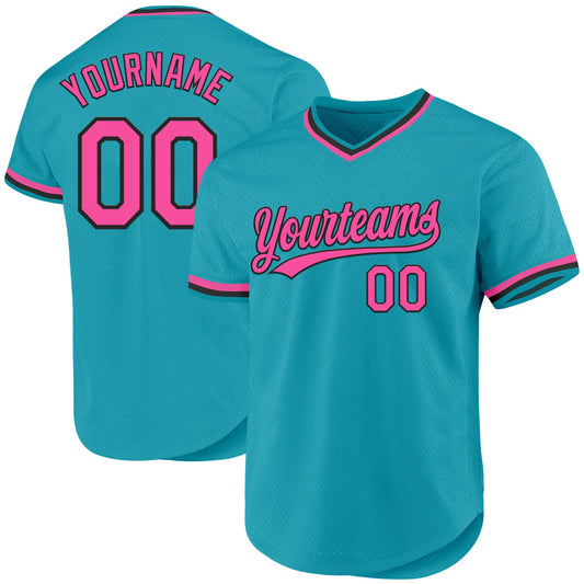 Custom Teal Pink-Black Authentic Throwback Baseball Jersey - Sky-Custom