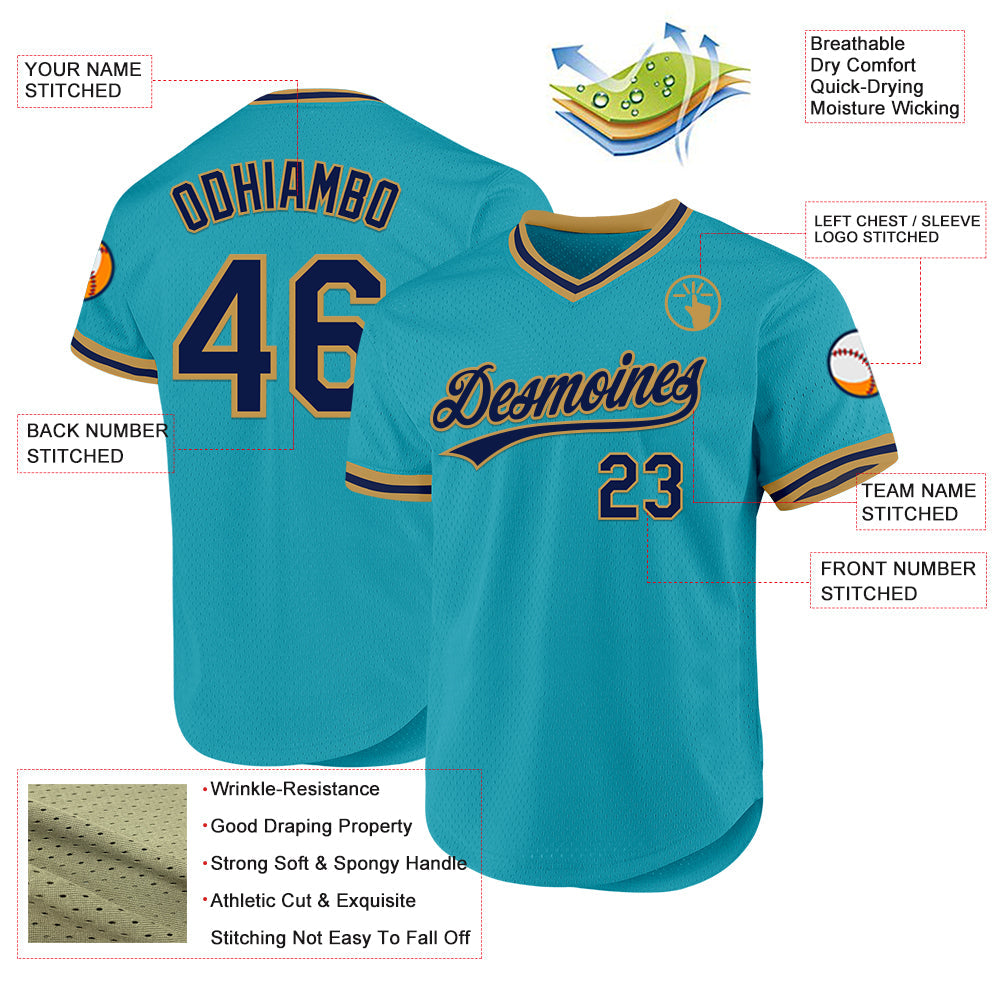 Custom Teal Navy-Old Gold Authentic Throwback Baseball Jersey - Sky-Custom
