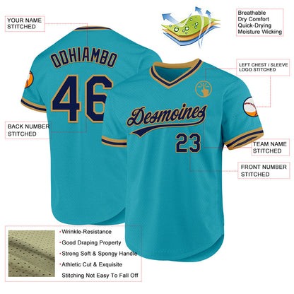 Custom Teal Navy-Old Gold Authentic Throwback Baseball Jersey - Sky-Custom