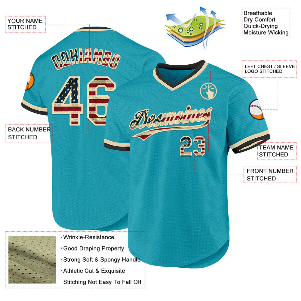 Custom Teal Vintage USA Flag Cream-Black Authentic Throwback Baseball Jersey - Sky-Custom