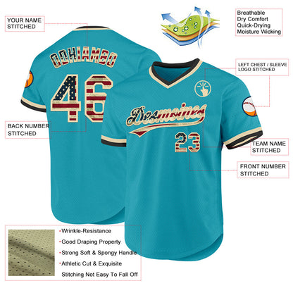Custom Teal Vintage USA Flag Cream-Black Authentic Throwback Baseball Jersey - Sky-Custom