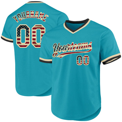Custom Teal Vintage USA Flag Cream-Black Authentic Throwback Baseball Jersey - Sky-Custom