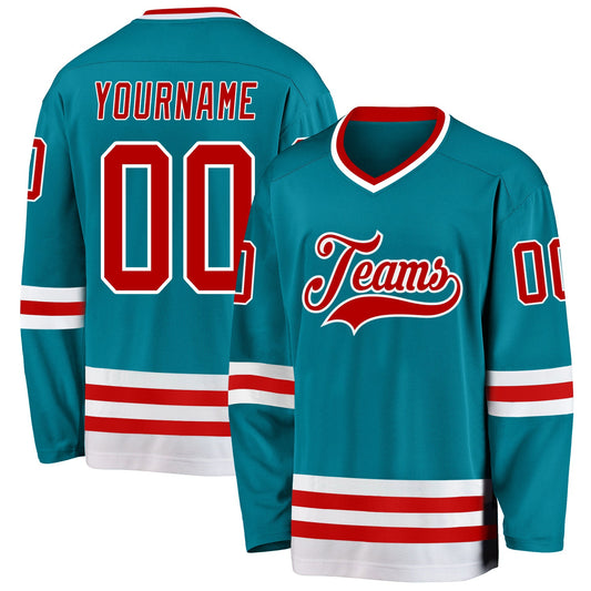 Custom Teal Red-White Hockey Jersey - Sky-Custom