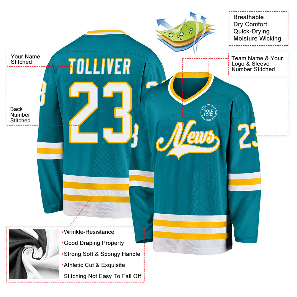 Custom Teal White-Gold Hockey Jersey - Sky-Custom