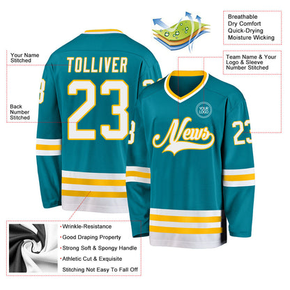 Custom Teal White-Gold Hockey Jersey - Sky-Custom