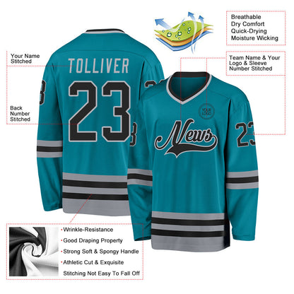 Custom Teal Black-Gray Hockey Jersey - Sky-Custom