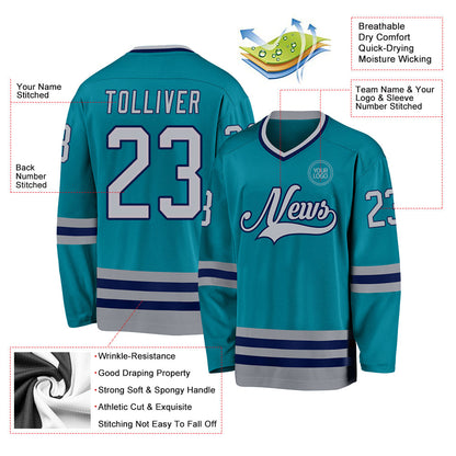 Custom Teal Gray-Navy Hockey Jersey - Sky-Custom