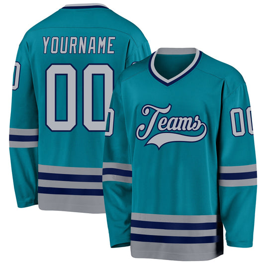 Custom Teal Gray-Navy Hockey Jersey - Sky-Custom