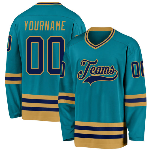 Custom Teal Navy-Old Gold Hockey Jersey - Sky-Custom