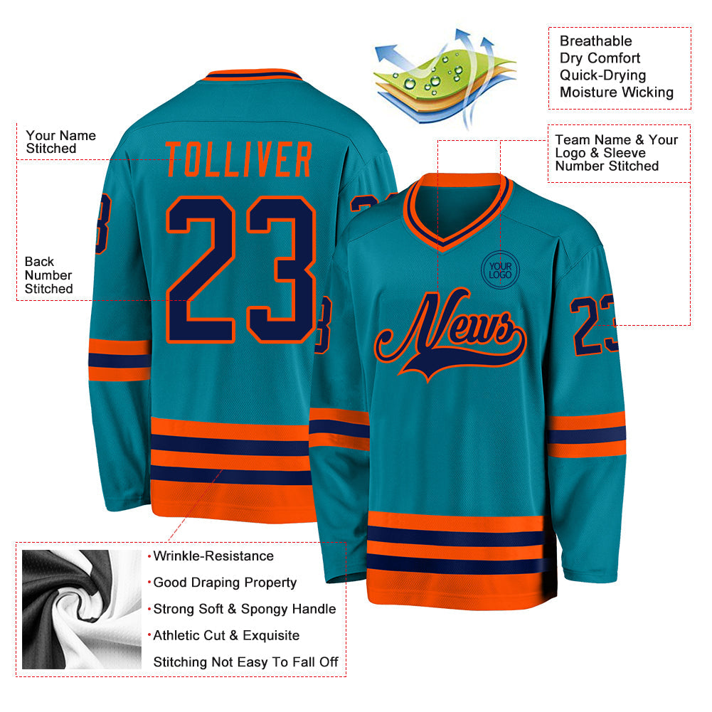 Custom Teal Navy-Orange Hockey Jersey - Sky-Custom