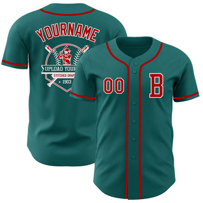 Custom Teal Red-White Authentic Baseball Jersey - Sky-Custom