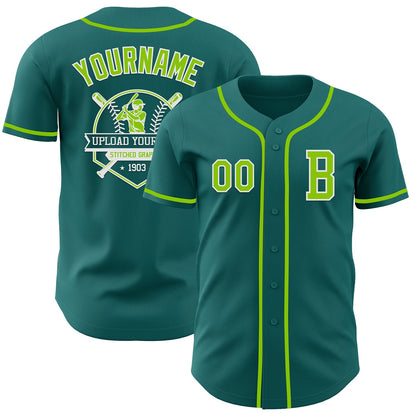 Custom Teal Neon Green-White Authentic Baseball Jersey - Sky-Custom