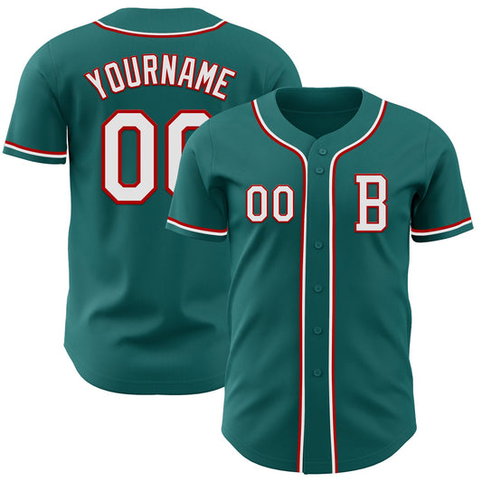 Custom Teal White-Red Authentic Baseball Jersey - Sky-Custom