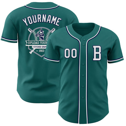 Custom Teal White-Navy Authentic Baseball Jersey - Sky-Custom