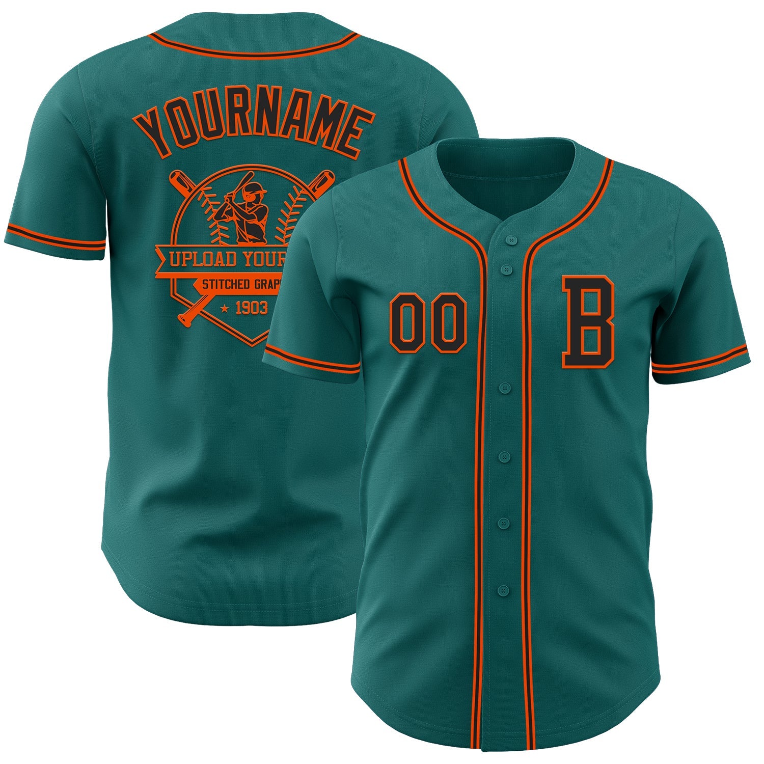 Custom Teal Black-Orange Authentic Baseball Jersey - Sky-Custom
