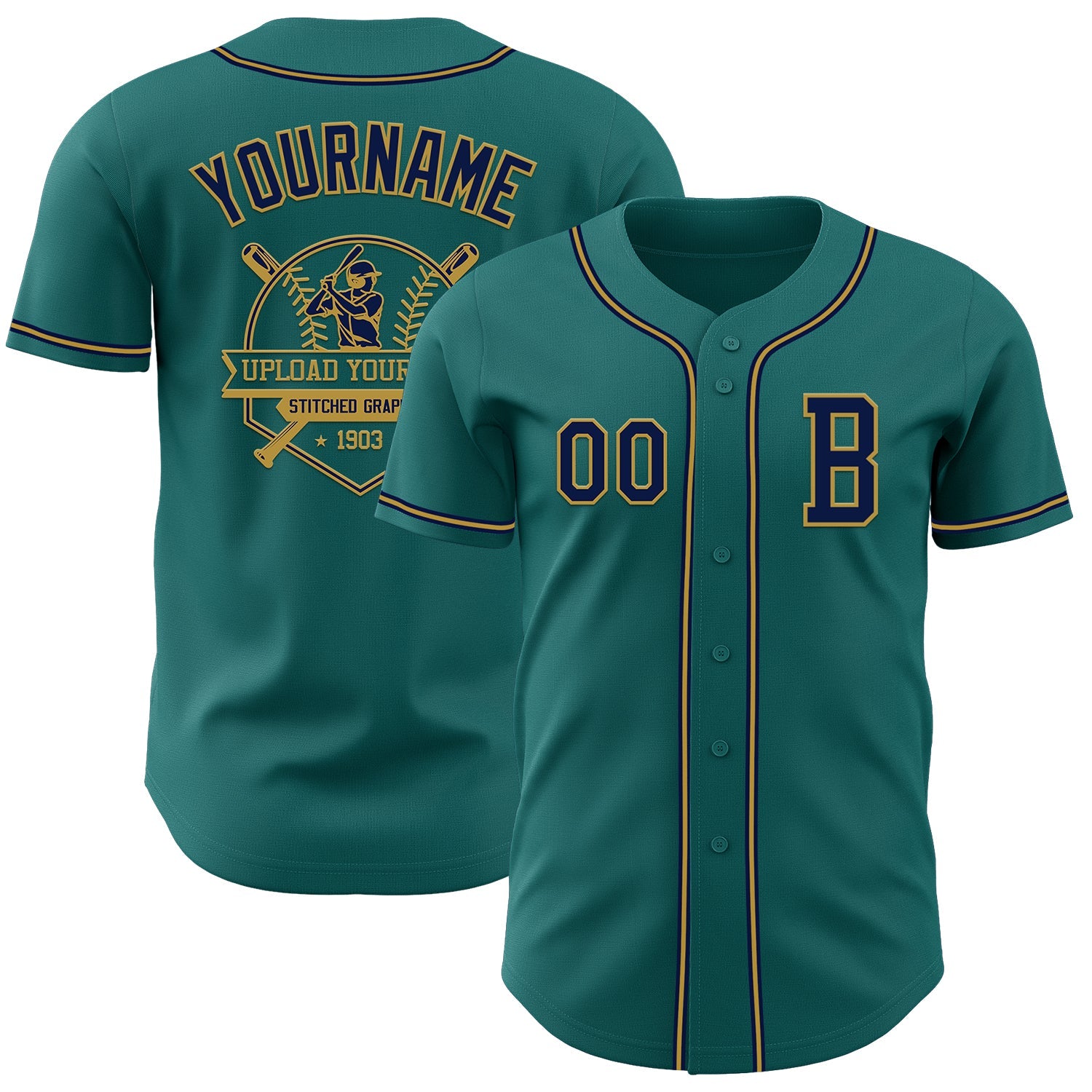 Custom Teal Navy-Old Gold Authentic Baseball Jersey - Sky-Custom