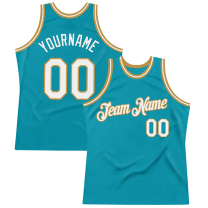 Custom Teal White-Old Gold Authentic Throwback Basketball Jersey - Sky-Custom