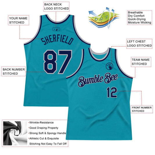 Custom Teal Navy-Gray Authentic Throwback Basketball Jersey - Sky-Custom
