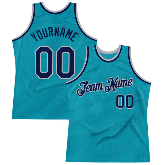 Custom Teal Navy-Gray Authentic Throwback Basketball Jersey - Sky-Custom