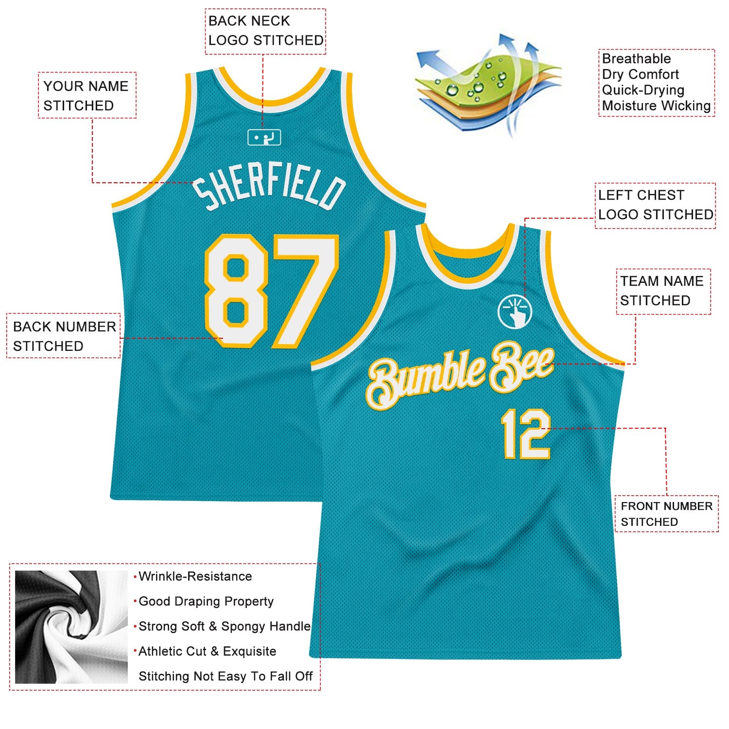 Custom Teal White-Gold Authentic Throwback Basketball Jersey - Sky-Custom