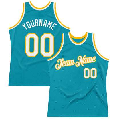 Custom Teal White-Gold Authentic Throwback Basketball Jersey - Sky-Custom