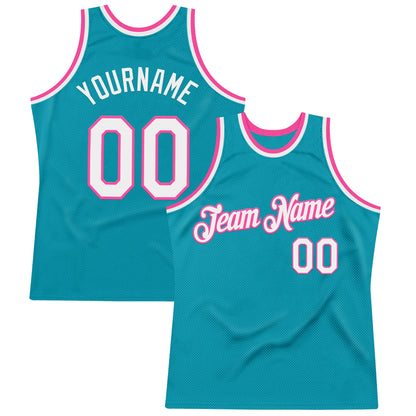 Custom Teal White-Pink Authentic Throwback Basketball Jersey - Sky-Custom