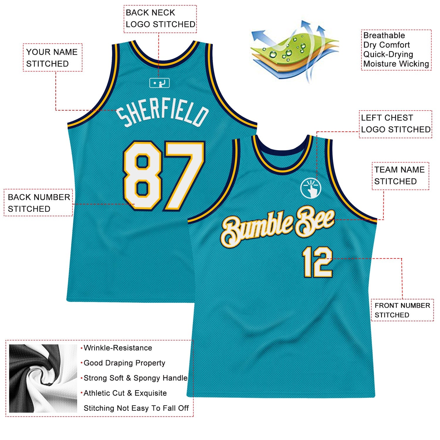 Custom Teal Gold-Navy Authentic Throwback Basketball Jersey - Sky-Custom