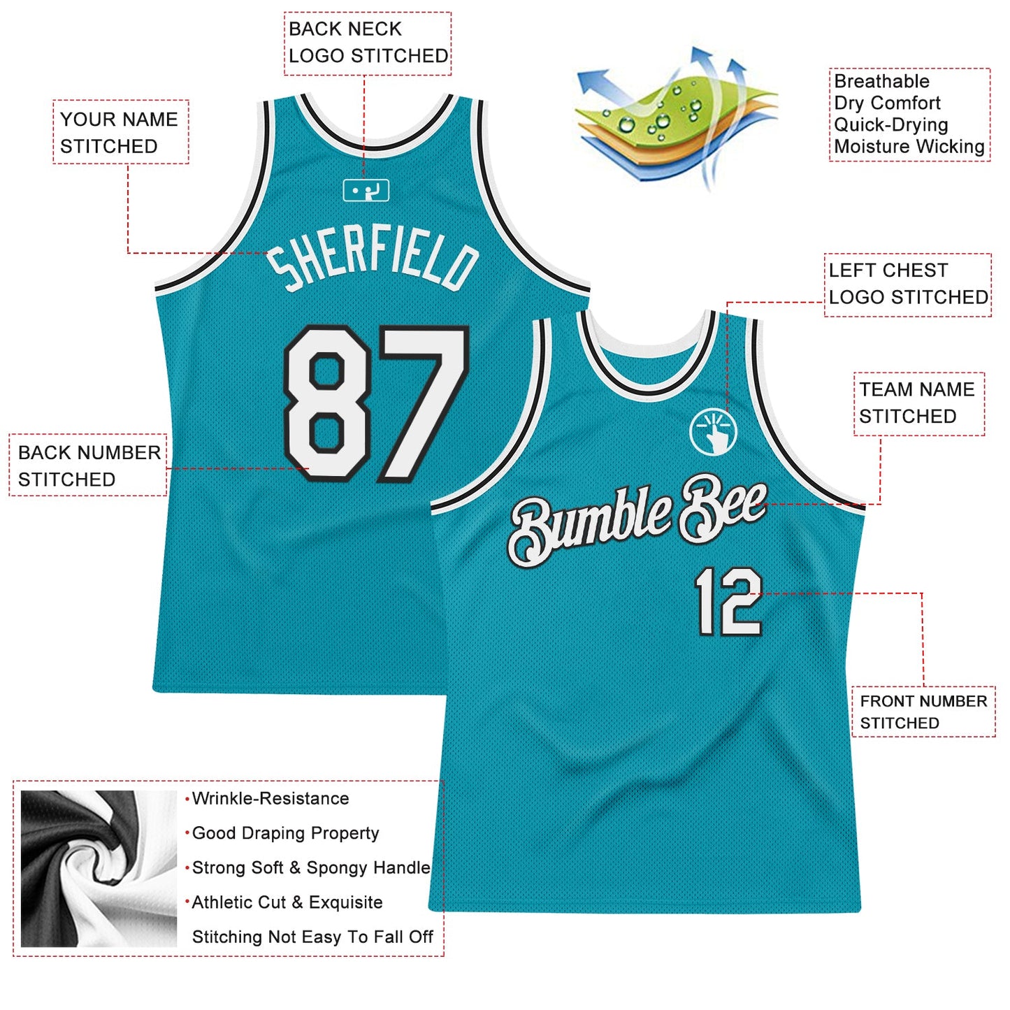 Custom Teal White-Black Authentic Throwback Basketball Jersey - Sky-Custom