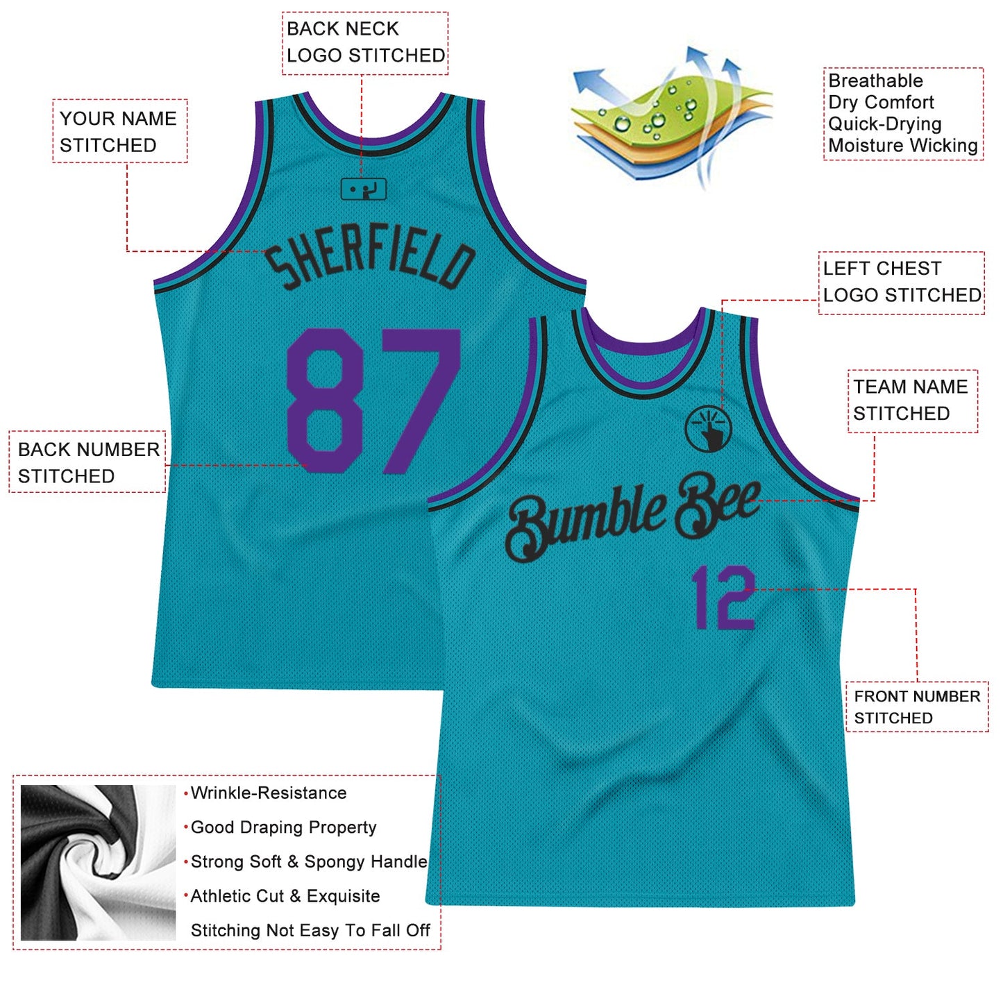 Custom Teal Purple-Black Authentic Throwback Basketball Jersey - Sky-Custom