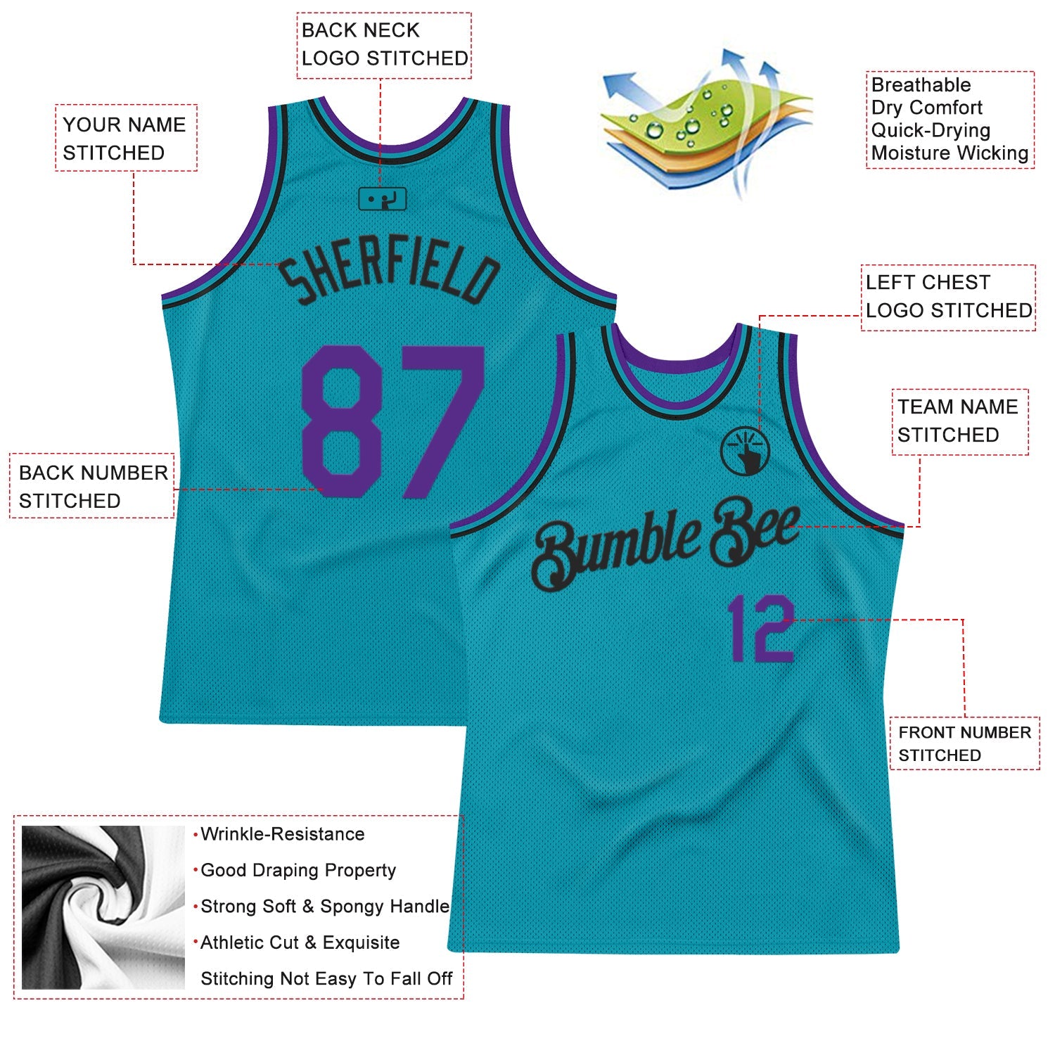 Custom Teal Purple-Black Authentic Throwback Basketball Jersey - Sky-Custom