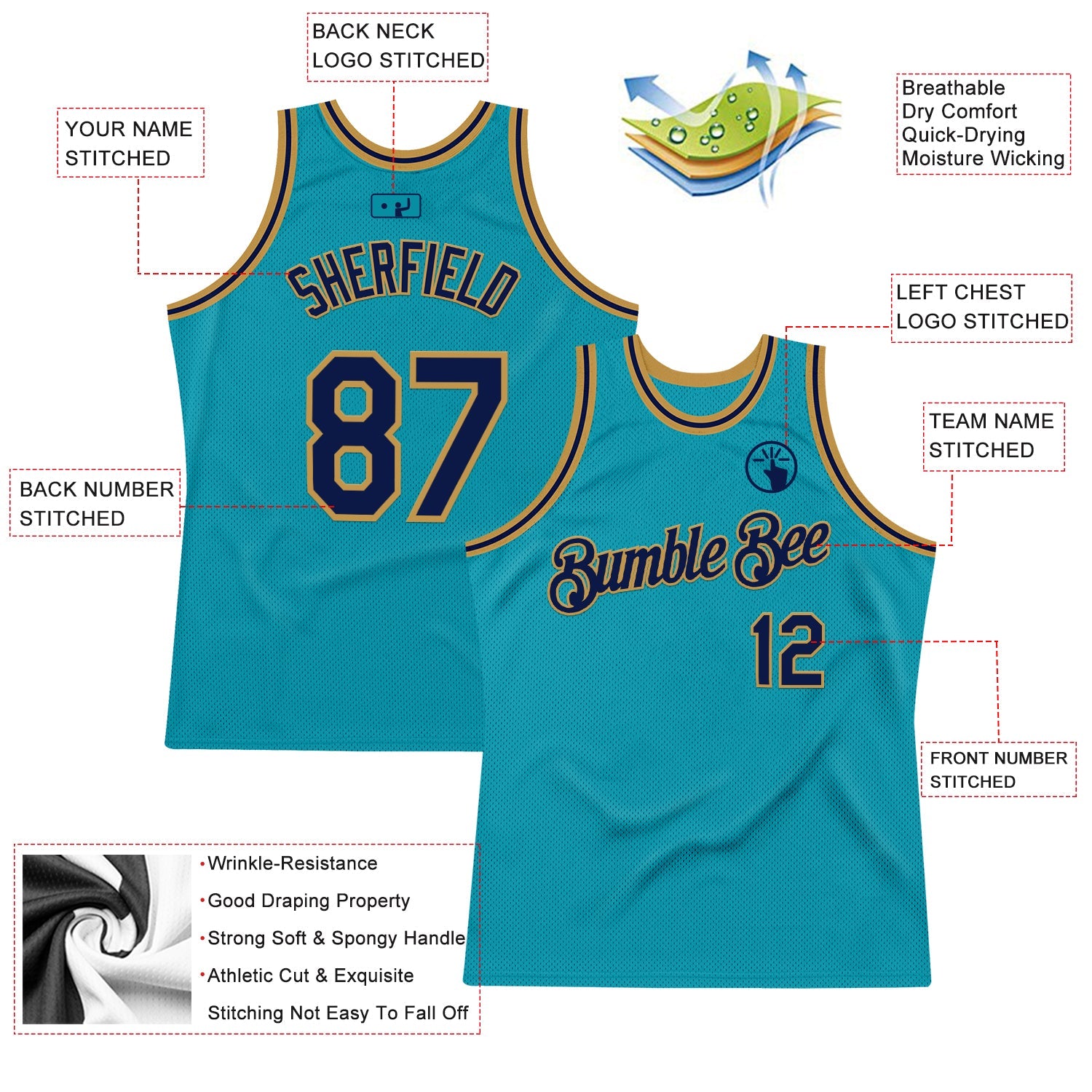 Custom Teal Navy-Old Gold Authentic Throwback Basketball Jersey - Sky-Custom