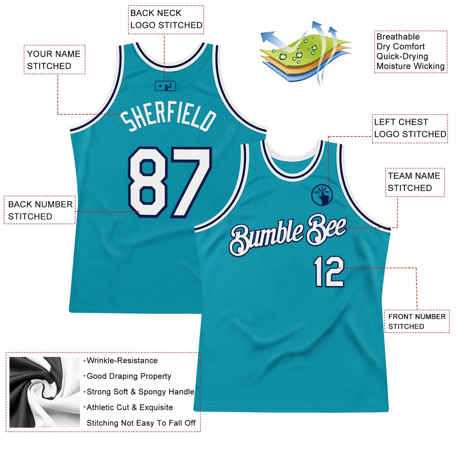 Custom Teal White-Navy Authentic Throwback Basketball Jersey - Sky-Custom