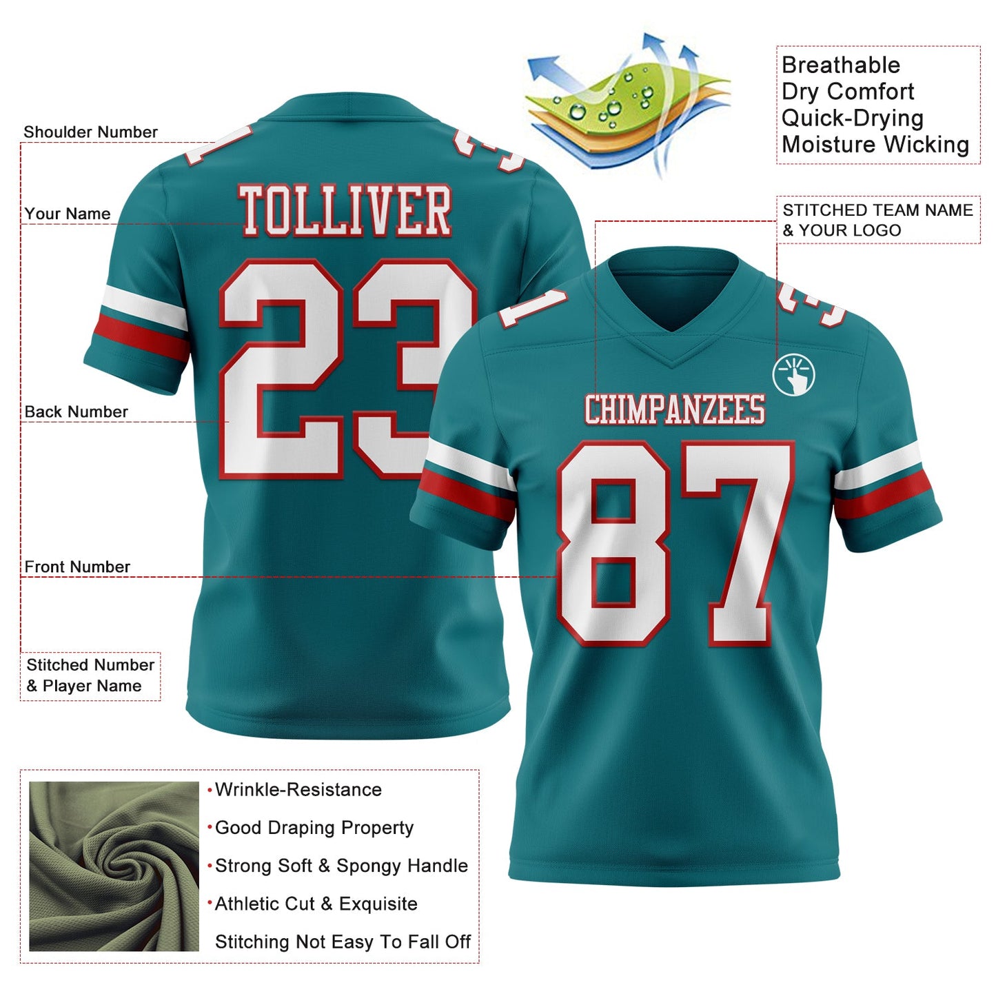 Custom Teal White-Red Mesh Authentic Football Jersey - Sky-Custom