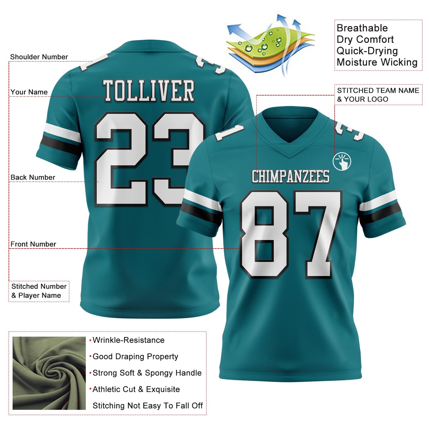 Custom Teal White-Black Mesh Authentic Football Jersey - Sky-Custom