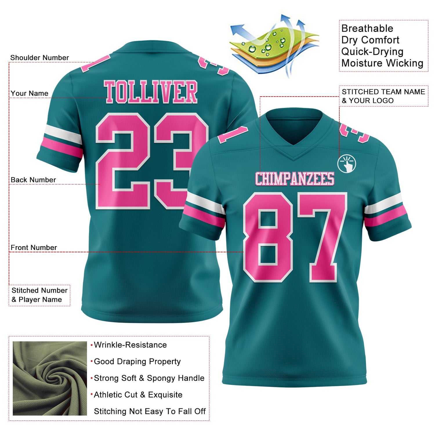 Custom Teal Pink-White Mesh Authentic Football Jersey - Sky-Custom
