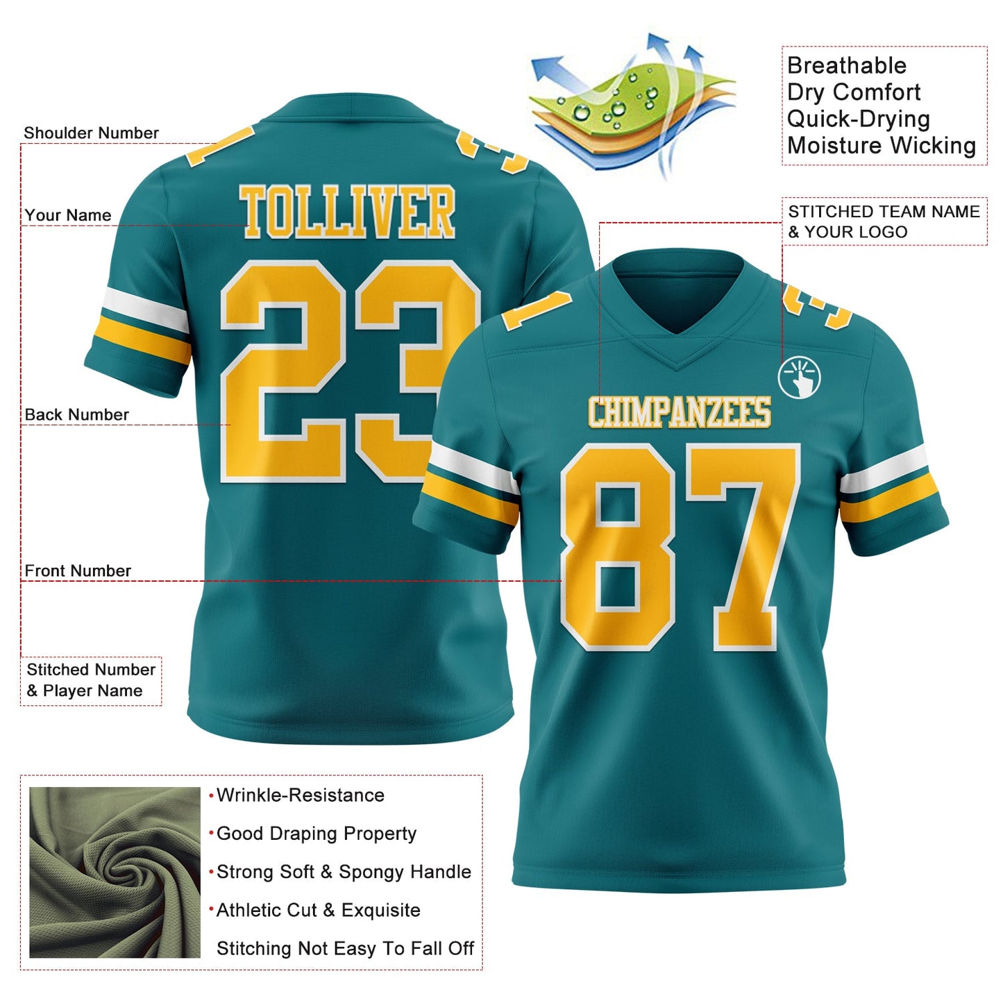 Custom Teal Gold-White Mesh Authentic Football Jersey - Sky-Custom