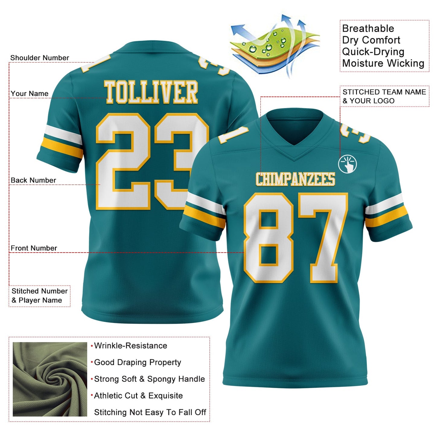 Custom Teal White-Gold Mesh Authentic Football Jersey - Sky-Custom