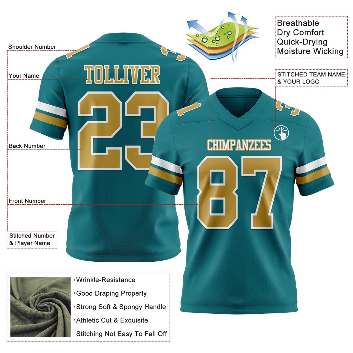 Custom Teal Old Gold-White Mesh Authentic Football Jersey - Sky-Custom