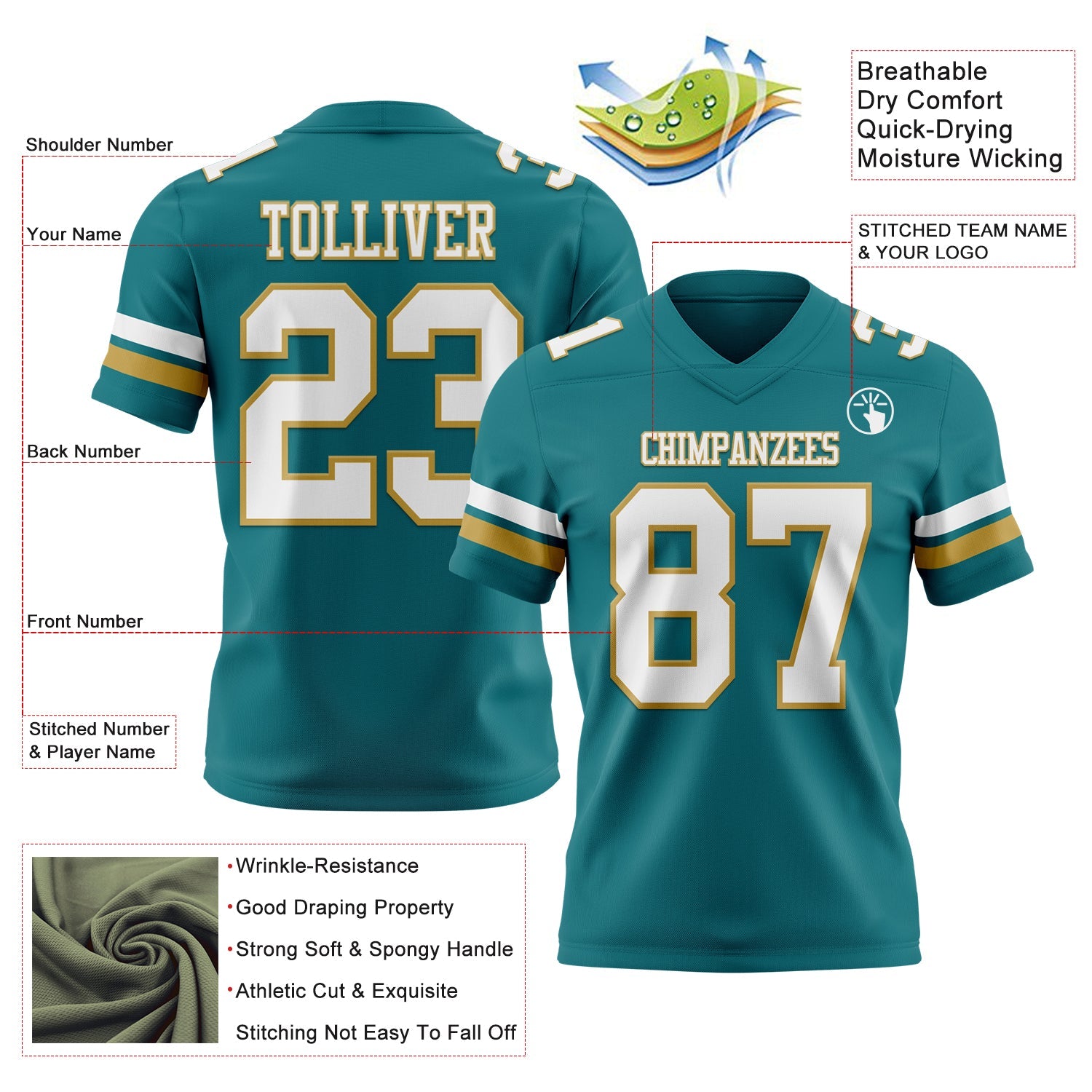 Custom Teal White-Old Gold Mesh Authentic Football Jersey - Sky-Custom