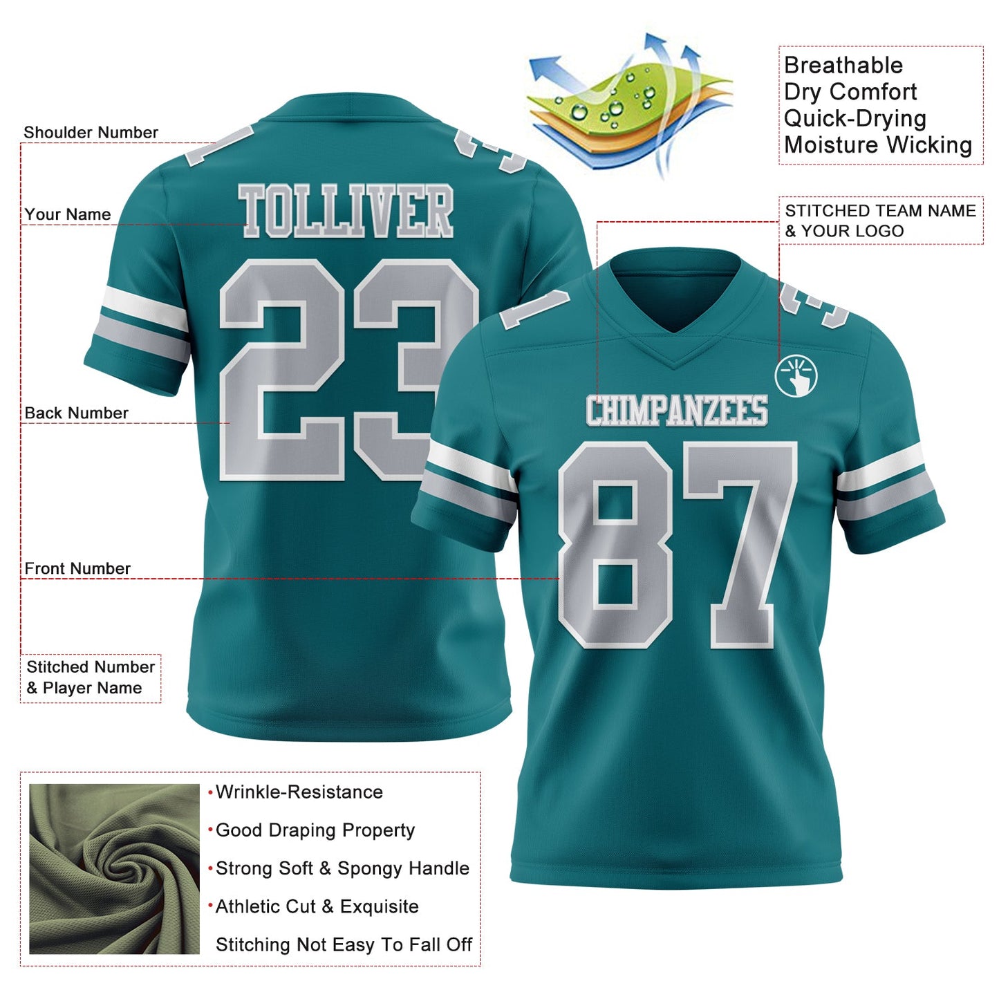 Custom Teal Gray-White Mesh Authentic Football Jersey - Sky-Custom