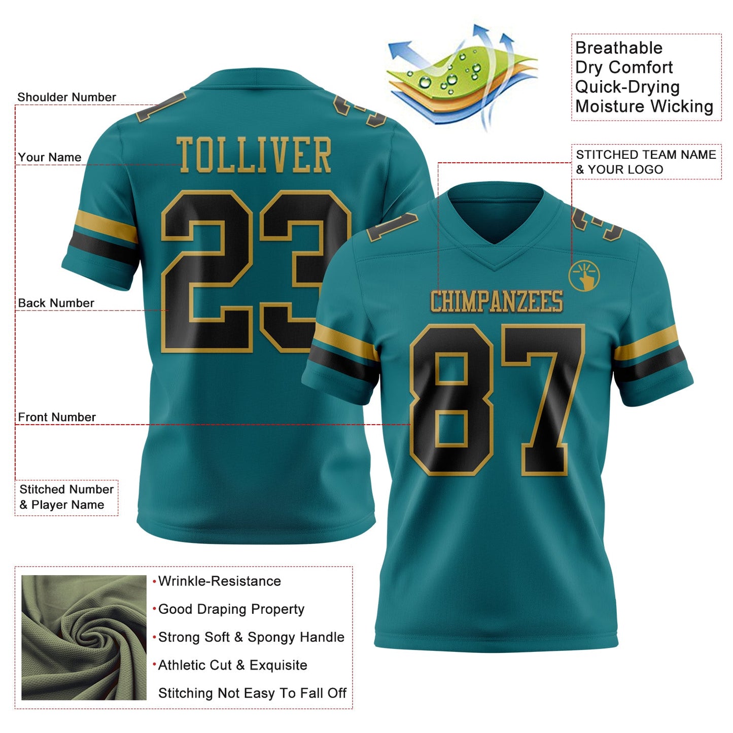 Custom Teal Black-Old Gold Mesh Authentic Football Jersey - Sky-Custom
