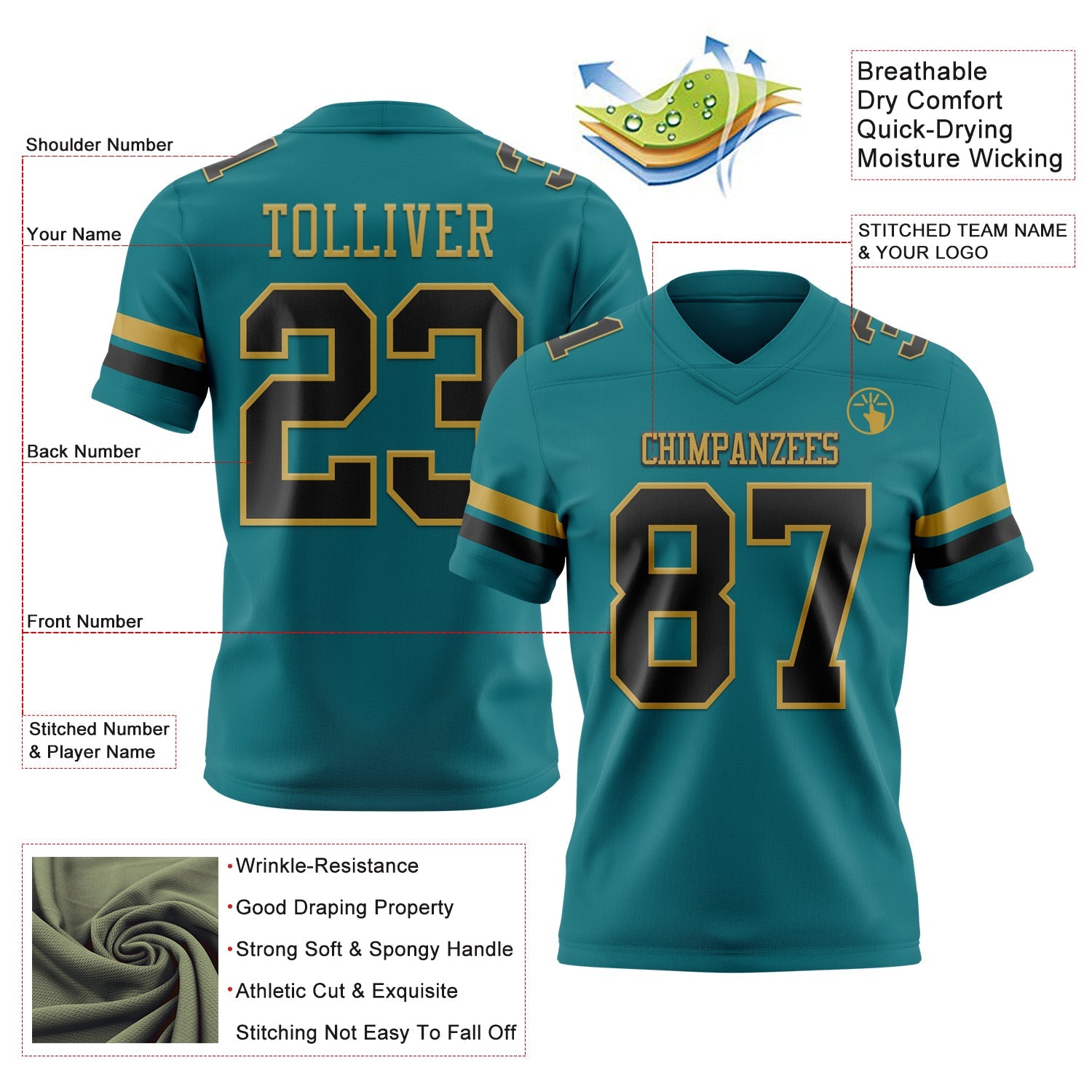 Custom Teal Black-Old Gold Mesh Authentic Football Jersey - Sky-Custom