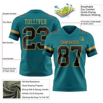Custom Teal Black-Old Gold Mesh Authentic Football Jersey - Sky-Custom